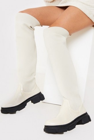 IN THE STYLE CREAM KNEE HIGH SOCK BOOTS ~ monochrome footwear