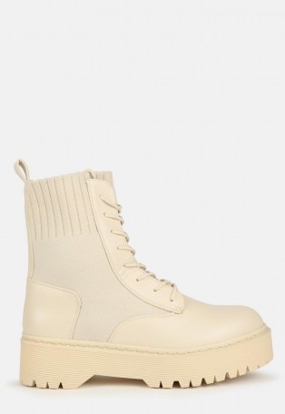 MISSGUIDED cream knitted chunky lace up ankle boots ~ neutral thick sole boot - flipped