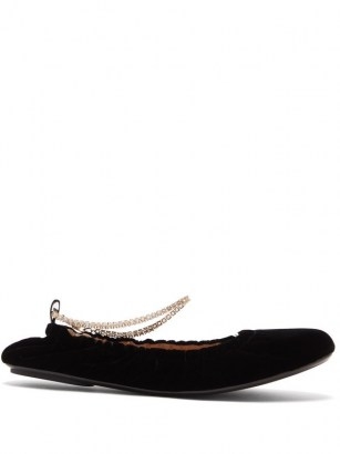 GIANVITO ROSSI Crystal-embellished anklet-chain velvet flats | flat shoes with anklets | black luxe ballerinas - flipped