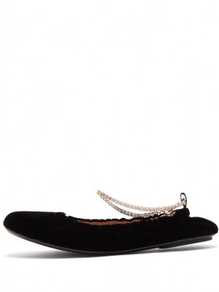 GIANVITO ROSSI Crystal-embellished anklet-chain velvet flats | flat shoes with anklets | black luxe ballerinas