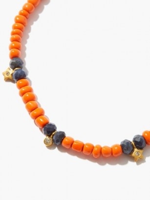 MUSA BY BOBBIE Diamond, sapphire & 14kt gold charm necklace / orange beaded necklaces with small charms attached - flipped