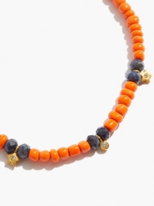 MUSA BY BOBBIE Diamond, sapphire & 14kt gold charm necklace / orange beaded necklaces with small charms attached