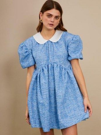 sister jane Bubblegum Tweed Mini Dress ~ blue puff sleeve peter pan collar dresses ~ fashion with volume - flipped