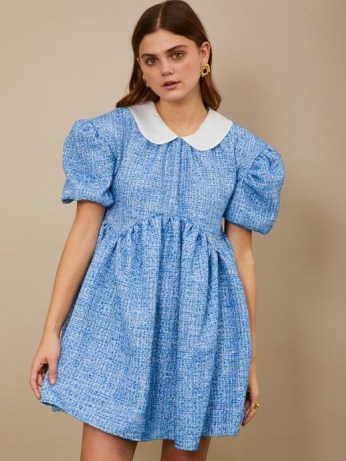 sister jane Bubblegum Tweed Mini Dress ~ blue puff sleeve peter pan collar dresses ~ fashion with volume