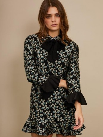 sister jane Somersault Jacquard Mini Dress Black and Green / floral ruffle sleeve dresses / romantic style fashion - flipped