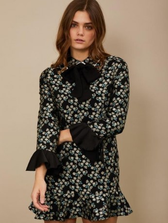 sister jane Somersault Jacquard Mini Dress Black and Green / floral ruffle sleeve dresses / romantic style fashion