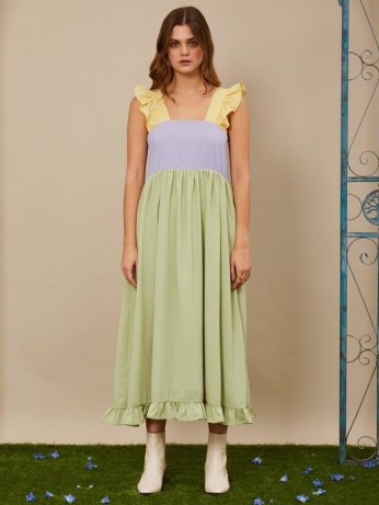 sister jane Fun and Frolics Midi Dress ~ ruffle trim dresses ~ colour block fashion