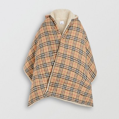 BURBERRY Fleece-lined Vintage Check Cotton Hooded Cape ~ checked capes - flipped
