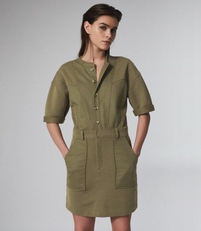 REISS EMLYN PANEL DETAIL SWEATSHIRT DRESS KHAKI ~ green utility style dresses ~ casual clothing - flipped