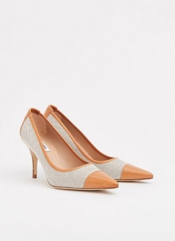 L.K. BENNETT FELIPA CANVAS AND TAN LEATHER COURTS / neutral pointed toe court shoes - flipped