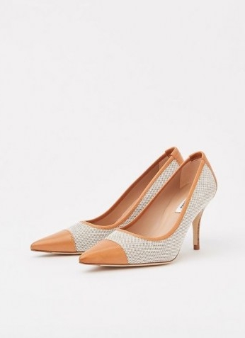 L.K. BENNETT FELIPA CANVAS AND TAN LEATHER COURTS / neutral pointed toe court shoes