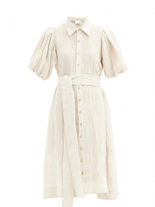 LISA MARIE FERNANDEZ Gathered-sleeve linen-blend calico shirt dress ~ vacation day dresses - flipped