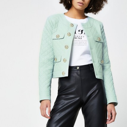 RIVER ISLAND Green faux leather diamond quilted jacket - flipped