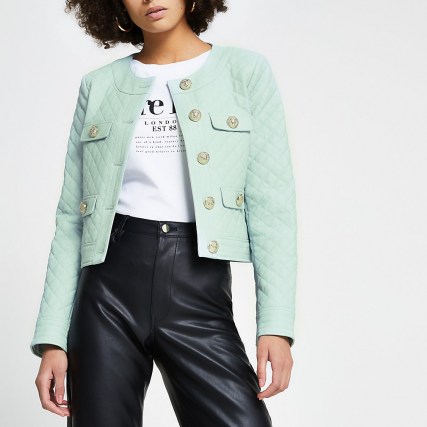 RIVER ISLAND Green faux leather diamond quilted jacket