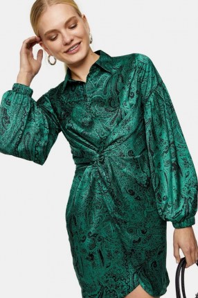 TOPSHOP Green Premium Wrap Shirt Dress / paisley print dresses - flipped