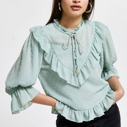 RIVER ISLAND Green puff sleeve frill blouse top / textured dobby spot blouses - flipped