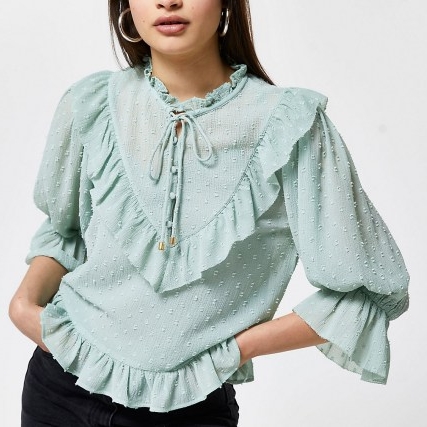 RIVER ISLAND Green puff sleeve frill blouse top / textured dobby spot blouses