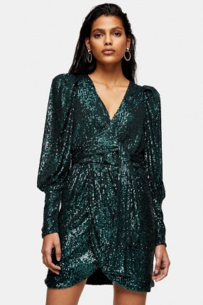 TOPSHOP Green Sequin Wrap Mini Dress / glamorous occasion dresses / evening glamour - flipped