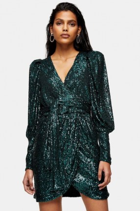 TOPSHOP Green Sequin Wrap Mini Dress / glamorous occasion dresses / evening glamour