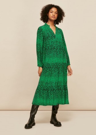 WHISTLES SPECKLED ANIMAL ENORA DRESS ~ green flowing midi dresses - flipped