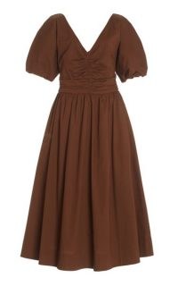 Staud Greta Cotton Poplin Midi Dress ~ brown cotton ruched bodice dresses