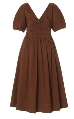 Staud Greta Cotton Poplin Midi Dress ~ brown cotton ruched bodice dresses - flipped