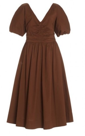 Staud Greta Cotton Poplin Midi Dress ~ brown cotton ruched bodice dresses