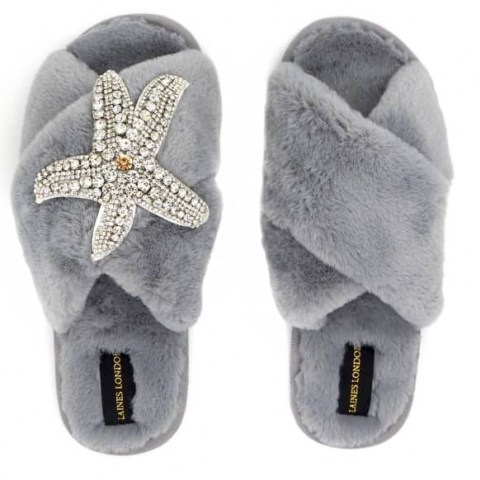 Laines London Grey Fluffy Slippers Silver Starfish Brooch