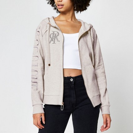 RIVER ISLAND Grey ‘RI Couture’ zip through hoodie ~ embellished hoodies ~ casual sporty fashion - flipped