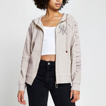 RIVER ISLAND Grey ‘RI Couture’ zip through hoodie ~ embellished hoodies ~ casual sporty fashion