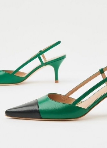 L.K. BENNETT HALLY GREEN AND BLACK LEATHER SLINGBACKS / point toe slingback shoes