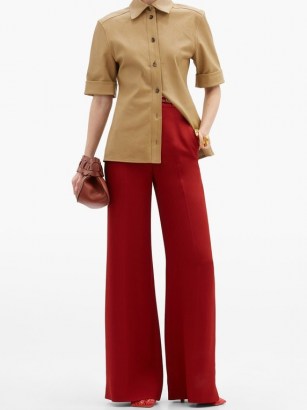 CHLOÉ High-rise leather-belted crepe wide-leg trousers – chic red pants - flipped