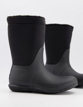 Hunter Original teddy lined fold wellington boots in black ~ wellies - flipped