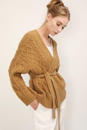 storets Autumn Cable Knit Cardigan | brown belted wrap cardigans - flipped