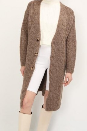 storets Zoe Cable Knit Cardigan | brown longline cardigans - flipped