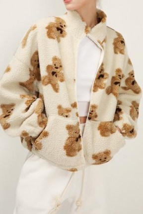 storets Brynn Teddy Zip Up Jacket | textured bomber jackets | bear prints | bears
