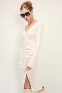 storets Evelyn Ruched Knit Dress | front gathered dresses