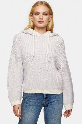 TOPSHOP Ivory And Lilac Plaited Knitted Hoodie ~ chunky knit hoodies ~ pullovers with hoods - flipped