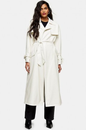 TOPSHOP Ivory Belted Maxi PU Vinyl Trench Coat ~ faux leather tie waist coats - flipped