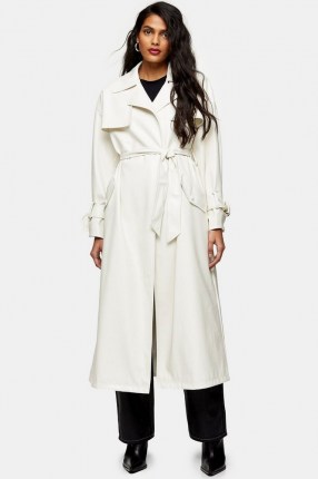 TOPSHOP Ivory Belted Maxi PU Vinyl Trench Coat ~ faux leather tie waist coats
