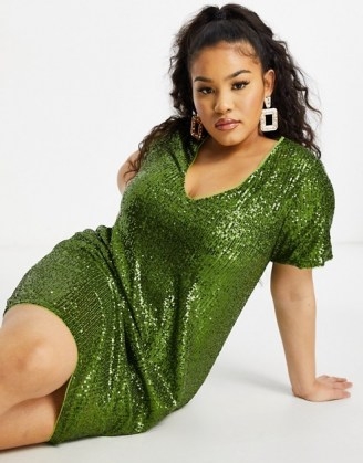 Jaded Rose Plus sequin t-shirt mini dress in olive green ~ sequinned plus size dresses - flipped