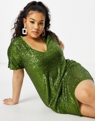 Jaded Rose Plus sequin t-shirt mini dress in olive green ~ sequinned plus size dresses