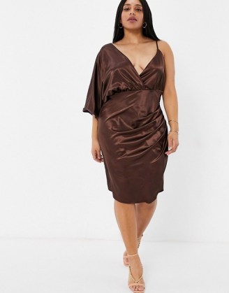 Jaded Rose Plus wrap midaxi satin dress in chocolate brown ~ plunging curvy size party dresses - flipped