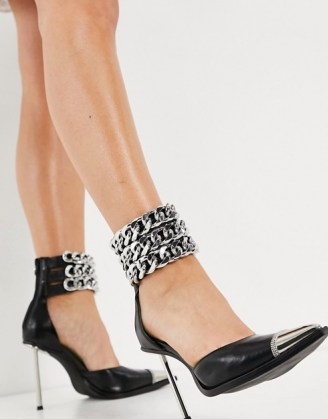 Jeffrey Campbell Governer heeled shoes with chain ankle straps in black ~ pointed toe stiletto heel shoes - flipped