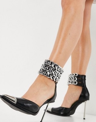 Jeffrey Campbell Governer heeled shoes with chain ankle straps in black ~ pointed toe stiletto heel shoes
