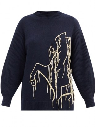 SSŌNE Joanie embroidered recycled-cashmere sweater | navy volume sleeve crew neck - flipped