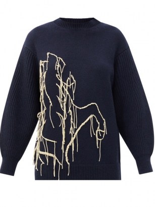 SSŌNE Joanie embroidered recycled-cashmere sweater | navy volume sleeve crew neck