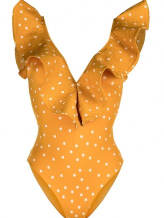 Johanna Ortiz polka dot-print ruffled swimsuit fire-orange/white - flipped