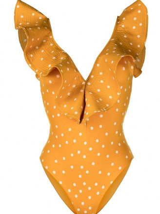 Johanna Ortiz polka dot-print ruffled swimsuit fire-orange/white