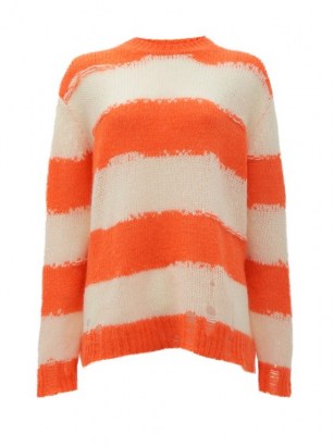 ACNE STUDIOS Kantonia striped distressed knitted sweater / oversized slouchy orange stripe crew neck / distressed sweaters